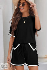 Black Contrast Trim Tee and Shorts Set for a stylish casual relax relax look in various sizes