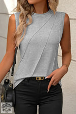 Black Crew Neck Pleated Tank Top - Gray / S / 62% Polyester + 32% Cotton + 6% Elastane - Tops/Tank Tops