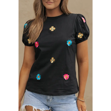 Black Embroidered Flower Short Puff Sleeve Tee - Black / S / 95% Cotton + 5% Elastane - Tops/Tops & Tees