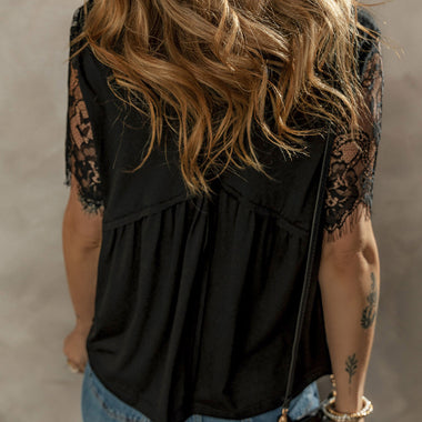 Black Eyelash Lace Sleeve V Neck Ruffle Babydoll Top - Tops/Tops & Tees