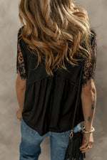 Black Eyelash Lace Sleeve V Neck Ruffle Babydoll Top - Tops/Tops & Tees