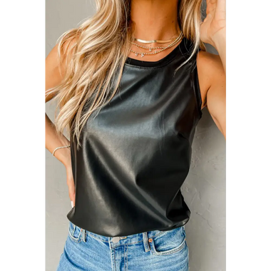 Black Faux Leather Crew Neck Tank Top - Black / S / 100% PU - Tops/Tank Tops