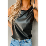 Black Faux Leather Crew Neck Tank Top - Black / S / 100% PU - Tops/Tank Tops