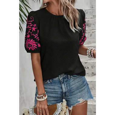 Black Floral Embroidered Textured Puff Sleeve T Shirt - Black / S / 95% Polyester + 5% Elastane - Tops/Tops & Tees