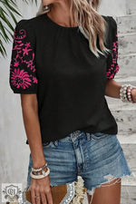 Black Floral Embroidered Textured Puff Sleeve T Shirt - Black / S / 95% Polyester + 5% Elastane - Tops/Tops & Tees