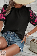 Black Floral Embroidered Textured Puff Sleeve T Shirt - Tops/Tops & Tees