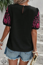 Black Floral Embroidered Textured Puff Sleeve T Shirt - Tops/Tops & Tees