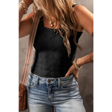 Black Textured Lace Sleeveless Bodysuit Styled with Blue Jeans for Sizes Bust Waist Hem