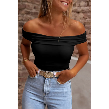 Black Folded Off Shoulder Slim Top - Black / S / 92% Polyester + 8% Elastane - Tops/Tops & Tees