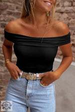 Black Folded Off Shoulder Slim Top - Black / S / 92% Polyester + 8% Elastane - Tops/Tops & Tees