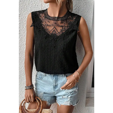 Black Guipure Lace Crochet Keyhole Back Tank Top - Black / S / 97% Polyester + 3% Elastane - Tops/Tank Tops