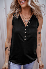 Black Half Button V Neck Patched Pocket Tank Top - Tops/Tank Tops