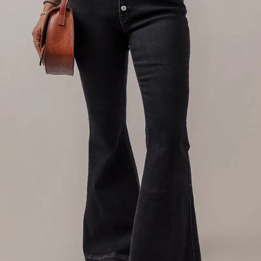 Black High Waist Button Front Flare Jeans - Black / 6 / 71% Cotton + 27.5% Polyester + 1.5% Elastane - Bottoms/Jeans