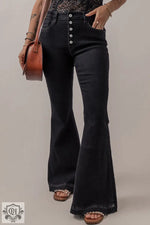 Black High Waist Button Front Flare Jeans - Black / 6 / 71% Cotton + 27.5% Polyester + 1.5% Elastane - Bottoms/Jeans