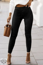 Black High Waist Faux Suede Skinny Leggings - Black / S / 90% Polyester + 10% Elastane - Bottoms/Leggings