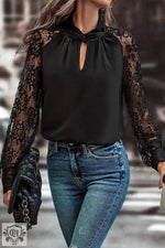 Elegant Black Keyhole Neckline Blouse with Lace Sleeves, perfect for all sizes Euro sizes