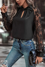 Black Keyhole Neckline Floral Lace Raglan Sleeve Blouse styled with blue jeans in euro sizes