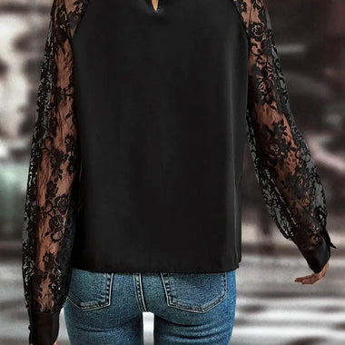 Black Keyhole Neckline Floral Lace Raglan Sleeve Blouse with blue jeans, available in Euro sizes