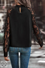 Black Keyhole Neckline Floral Lace Raglan Sleeve Blouse with blue jeans, available in Euro sizes