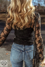 Black Lace Mesh Crochet Splicing Slim Fit Long Sleeve Blouse with blue jeans for casual style