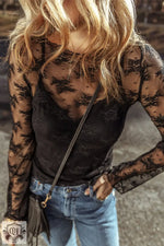 Black Lace Mesh Crochet Splicing Blouse with Slim Fit and Euro Sizes in Blue Jeans