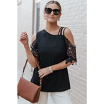 Black Lace Splicing Strappy Cold Shoulder Top showcasing stylish bust sleeve length options