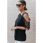 Black Lace Splicing Strappy Cold Shoulder Top with stylish sleeve length and sizes bust sleeve