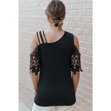 Black Lace Splicing Strappy Cold Shoulder Top with unique bust sleeve length and designs