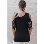 Black Lace Splicing Strappy Cold Shoulder Top with unique bust sleeve length and designs