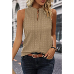 Black Lattice Textured Split Neck Tank Top - Light French Beige / S / 97% Polyester + 3% Elastane - Tops/Tank Tops