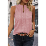 Black Lattice Textured Split Neck Tank Top - Pink / S / 97% Polyester + 3% Elastane - Tops/Tank Tops