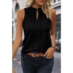 Black Lattice Textured Split Neck Tank Top - Black / S / 97% Polyester + 3% Elastane - Tops/Tank Tops