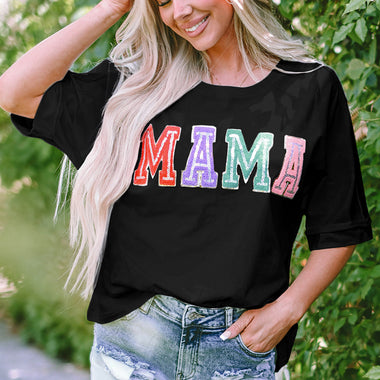 Black MAMA Chenille Patched Crew Neck T Shirt with colorful text for relaxed wearing