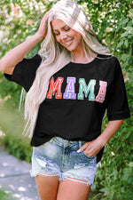 Black MAMA Chenille Patched Crew Neck T Shirt with colorful text for relaxed wearing