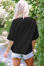 Black MAMA Chenille Patched Crew Neck T Shirt paired with distressed denim shorts for a relaxed look