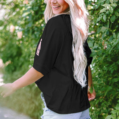 Casual summer outfit with Black MAMA Chenille Patched Crew Neck T Shirt and distressed shorts