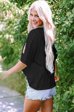 Casual summer outfit with Black MAMA Chenille Patched Crew Neck T Shirt and distressed shorts