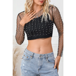 Black mesh crop top with pearl embellishments, long sleeves in various sizes