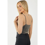 Sheer mesh top with pearls over black bustier available in sizes bust sleeve