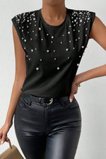 Black Pearls Beaded Shoulder Pad Crew Neck Tank Top with pearl embellishments for ultimate relax