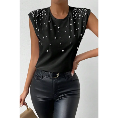 Black Pearls Beaded Shoulder Pad Crew Neck Tank Top with pearl embellishments for ultimate relax