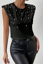 Black Pearls Beaded Shoulder Pad Crew Neck Tank Top with pearl embellishments on shoulders