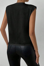 Black Pearls Beaded Shoulder Pad Crew Neck Tank Top paired with dark fitted pants for a relaxed look