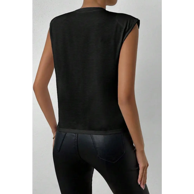 Black Pearls Beaded Shoulder Pad Crew Neck Tank Top paired with dark fitted pants for a relaxed look