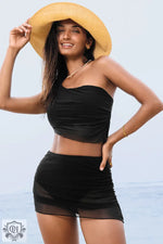 Black Pleated Mesh One Shoulder Bikini Top and Skirts Set - Swimwear/Bikinis