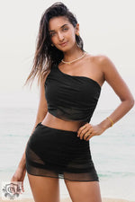 Black Pleated Mesh One Shoulder Bikini Top and Skirts Set - Black / S / 82% Polyamide + 18% Elastane - Swimwear/Bikinis