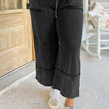 Black Plus Mineral Wash Exposed Seam Wide Leg Cropped Pants - Black / 1X / 100% Cotton - Plus Size/Plus Size Bottoms