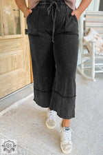 Black Plus Mineral Wash Exposed Seam Wide Leg Cropped Pants - Black / 1X / 100% Cotton - Plus Size/Plus Size Bottoms