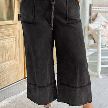 Black Plus Mineral Wash Exposed Seam Wide Leg Cropped Pants - Plus Size/Plus Size Bottoms