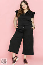 Black Plus Ruffled Sleeve Quarter Zip Top Wide Leg Pants Set - Black / 1X / 95% Polyester + 5% Elastane - Plus